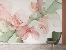 Load image into Gallery viewer, Silk-Inspired Floral Marble Watercolor Wallpaper – Ultra-Premium Couture Garden Panoramic Design in Soft Pink &amp; Champagne 272DE