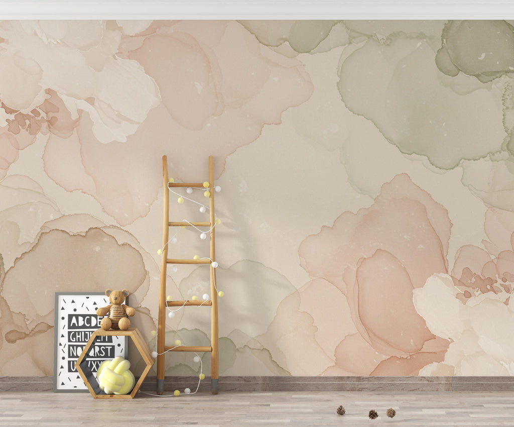 Museum Fresco Floral marble Watercolor Wallpaper – Ultra-Luxury Heirloom Botanical Panoramic Mural in Blush, Sage & Ivory 273DE