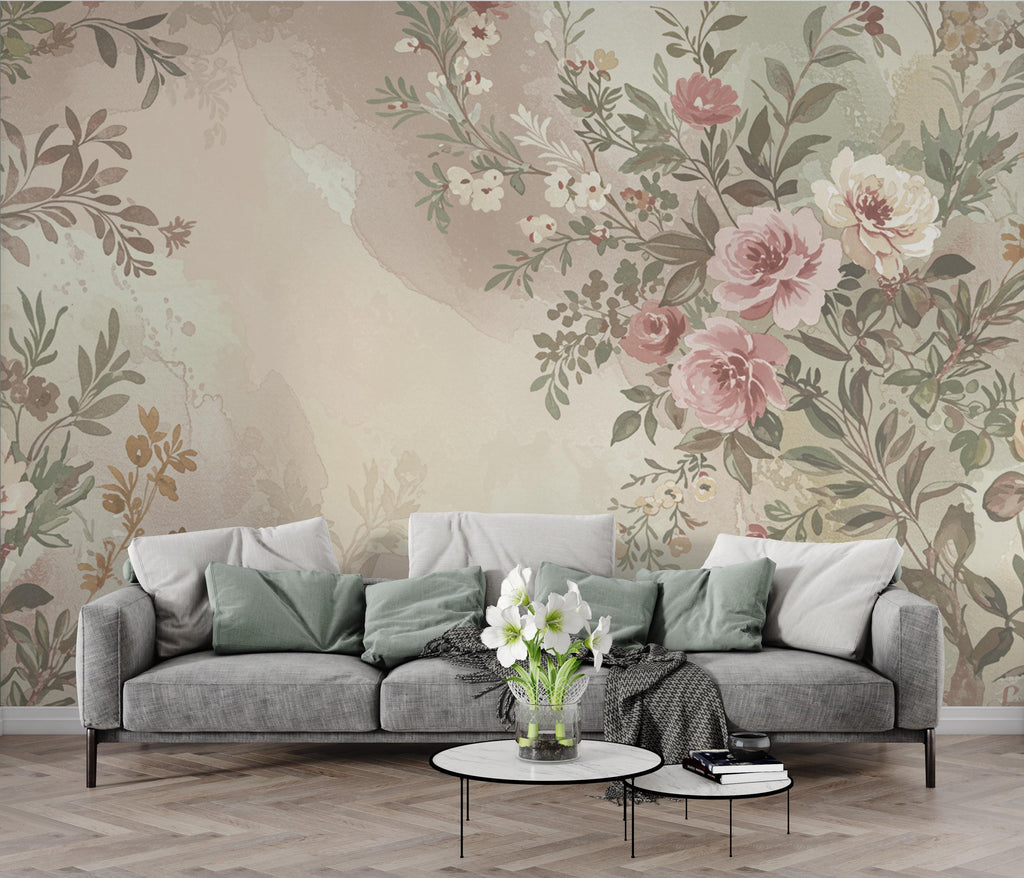 Parisian Garden Watercolor Wallpaper – Luxury European Floral Seamless Design in Dusty Rose, Sage & Cream 274DE
