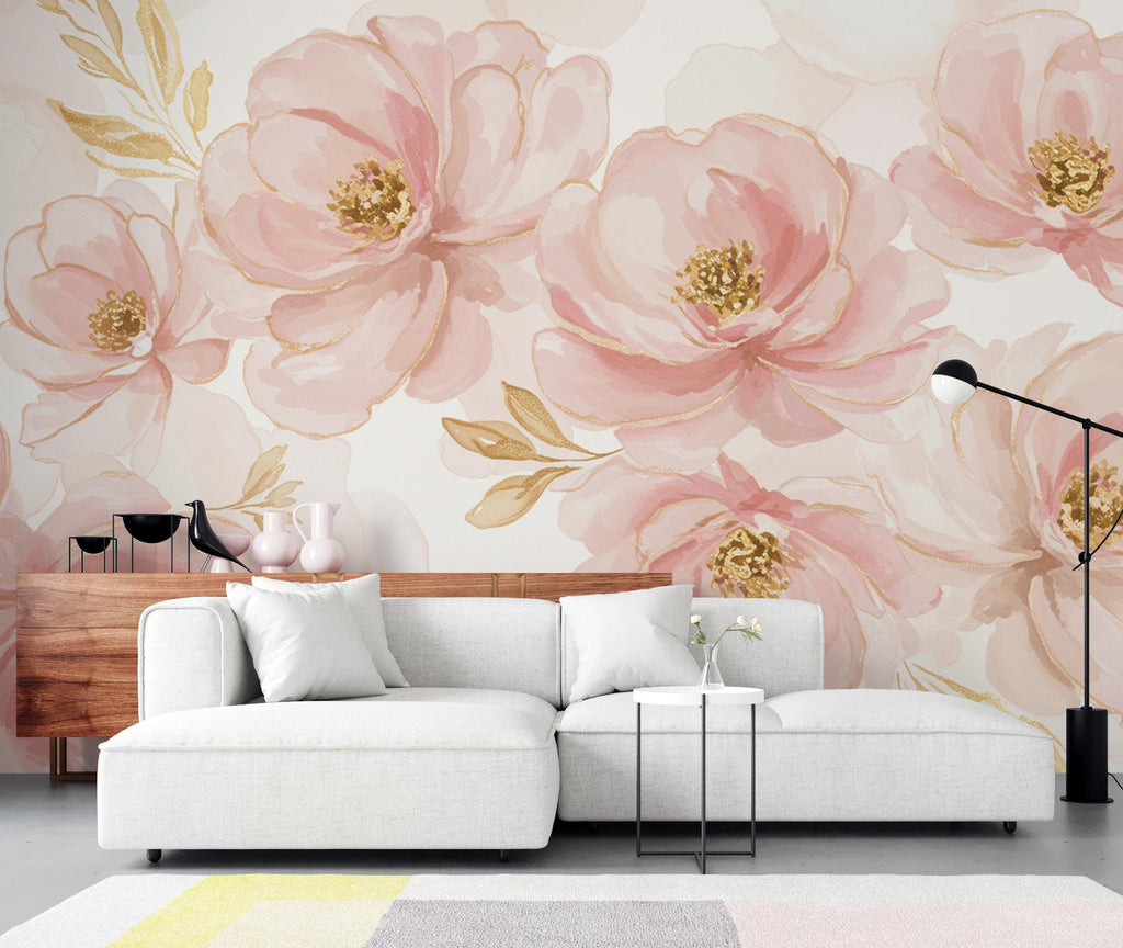 Couture Floral Watercolor Wallpaper – Ultra-Luxury Panoramic Botanical Design in Blush, Champagne & Gold 275DE