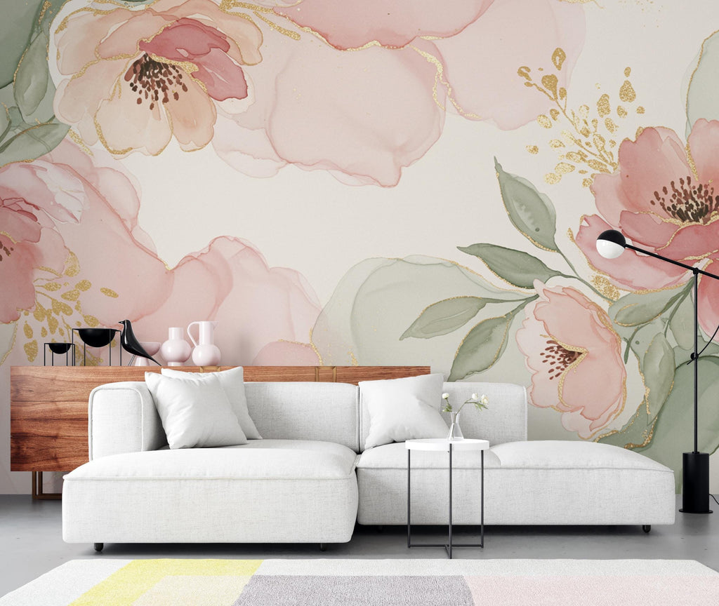 Silk-Inspired Floral Watercolor Wallpaper – Ultra-Premium Panoramic Garden Design in Soft Pink, Sage & Champagne 276DE