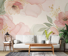 Load image into Gallery viewer, Silk-Inspired Floral Watercolor Wallpaper – Ultra-Premium Panoramic Garden Design in Soft Pink, Sage &amp; Champagne 276DE