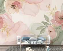 Load image into Gallery viewer, Silk-Inspired Floral Watercolor Wallpaper – Ultra-Premium Panoramic Garden Design in Soft Pink, Sage &amp; Champagne 276DE