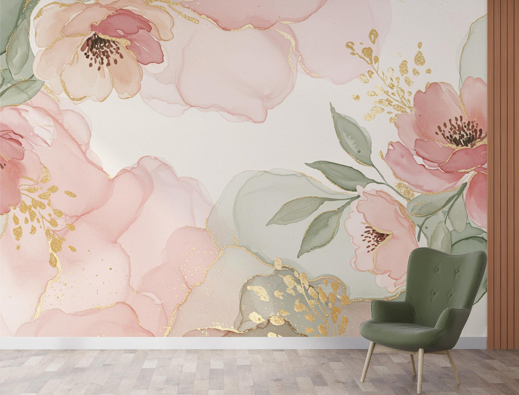 Silk-Inspired Floral Watercolor Wallpaper – Ultra-Premium Panoramic Garden Design in Soft Pink, Sage & Champagne 276DE