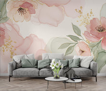 Load image into Gallery viewer, Silk-Inspired Floral Watercolor Wallpaper – Ultra-Premium Panoramic Garden Design in Soft Pink, Sage &amp; Champagne 276DE