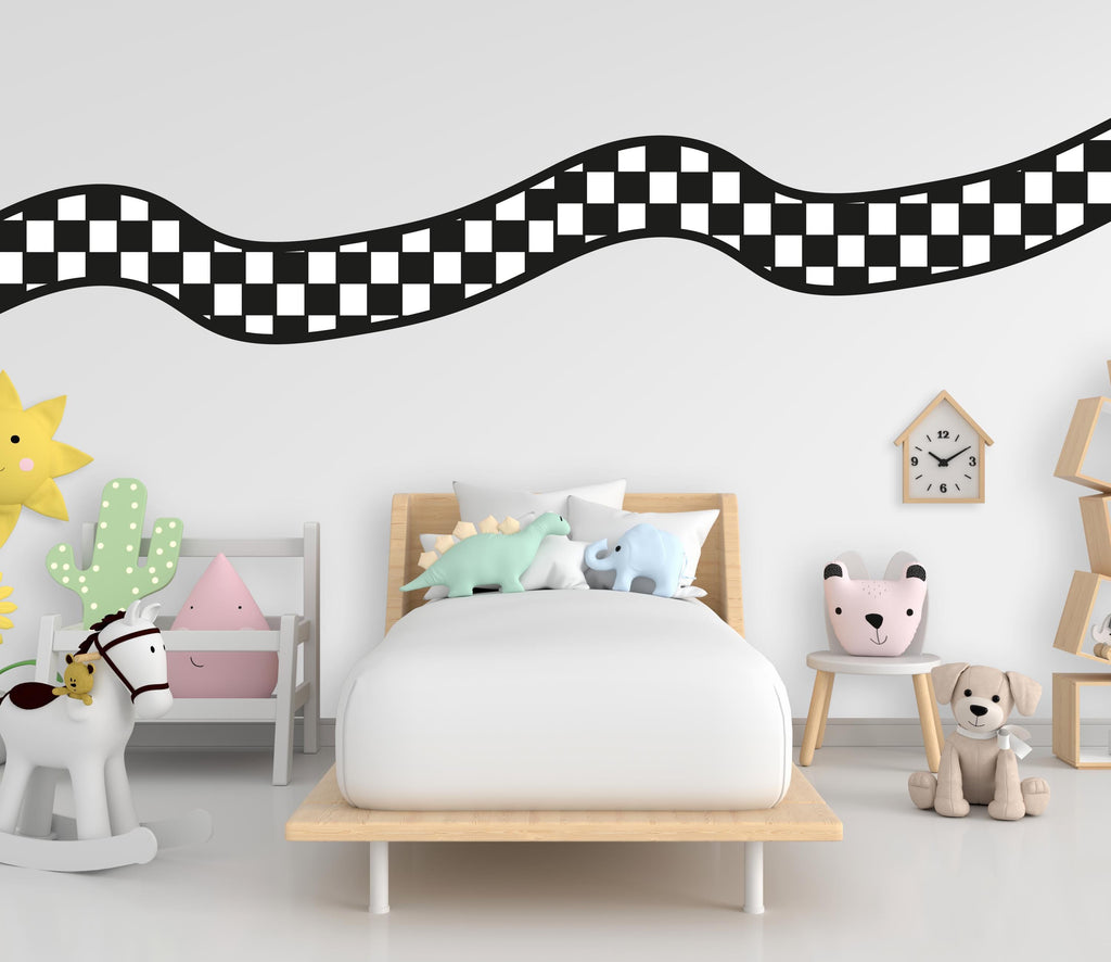 Road wind Wall Decal Checkerboard Highway Vinyl Sticker Track Route Wall Decor Kids Playroom Boys Room Wall Art Checkered Flag Mural 721LU