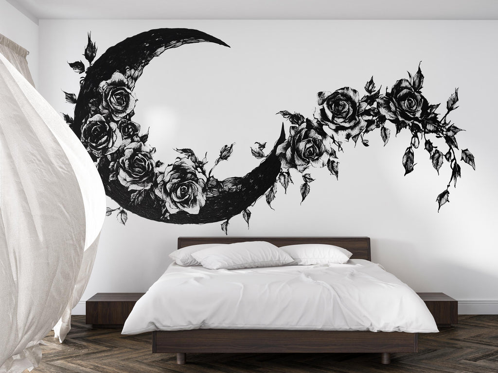 Gothic Floral Moon Wall Decal, Crescent Moon Rose Wall Sticker, Boho Celestial Wall Art, Black Floral Wall Decal, Peel And Stick Decor