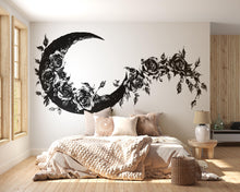 Load image into Gallery viewer, Gothic Floral Moon Wall Decal, Crescent Moon Rose Wall Sticker, Boho Celestial Wall Art, Black Floral Wall Decal, Peel And Stick Decor