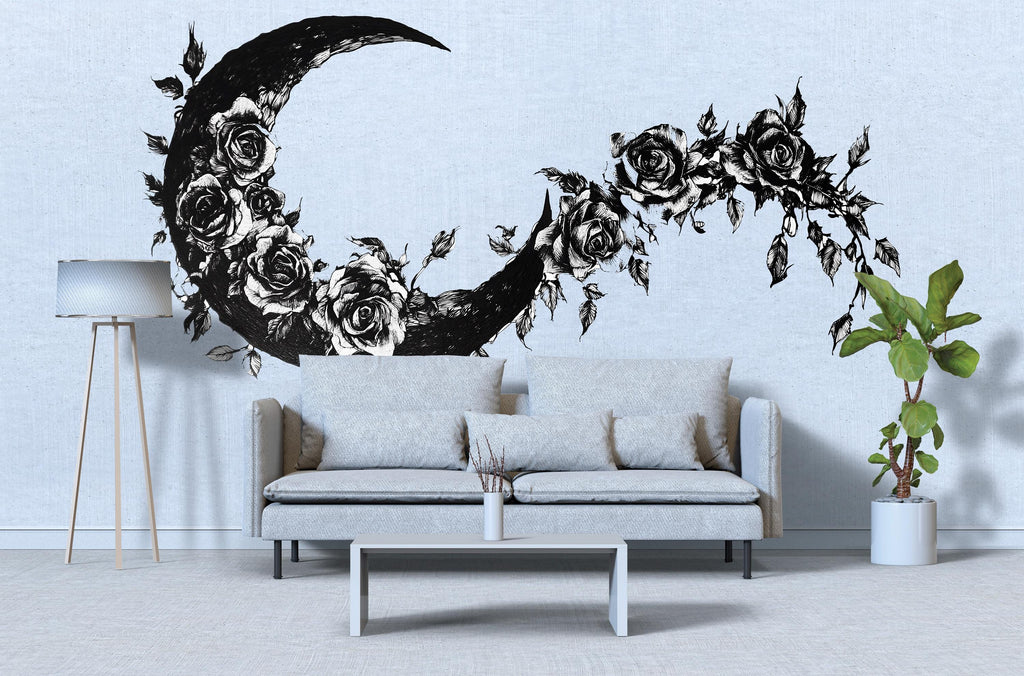 Gothic Floral Moon Wall Decal, Crescent Moon Rose Wall Sticker, Boho Celestial Wall Art, Black Floral Wall Decal, Peel And Stick Decor
