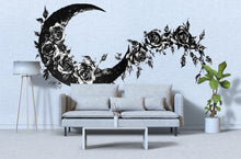 Load image into Gallery viewer, Gothic Floral Moon Wall Decal, Crescent Moon Rose Wall Sticker, Boho Celestial Wall Art, Black Floral Wall Decal, Peel And Stick Decor
