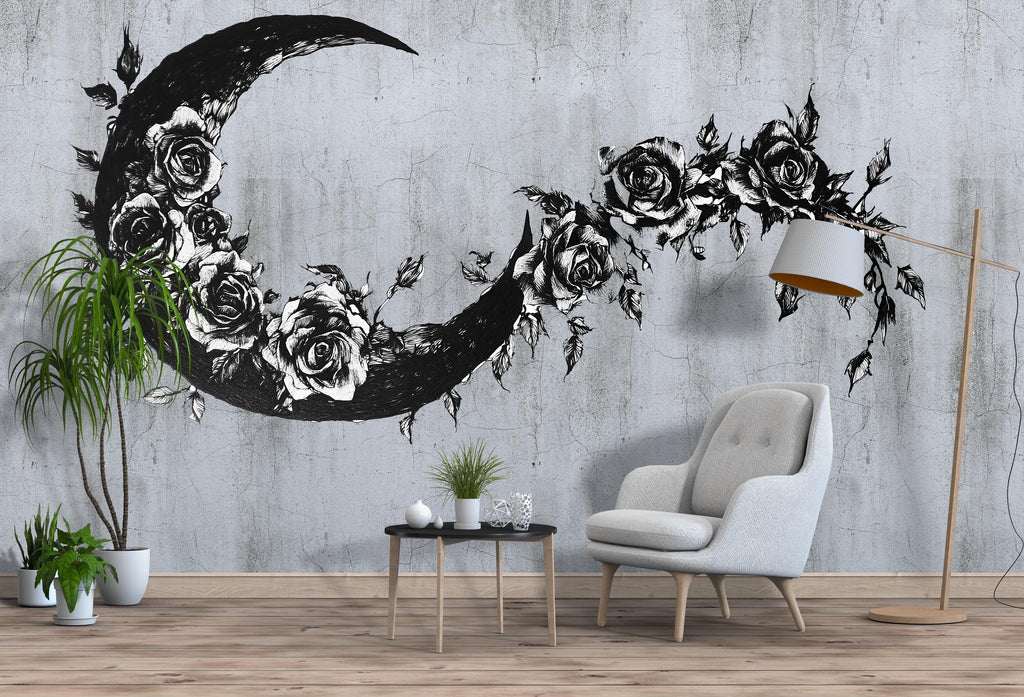 Gothic Floral Moon Wall Decal, Crescent Moon Rose Wall Sticker, Boho Celestial Wall Art, Black Floral Wall Decal, Peel And Stick Decor