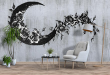 Load image into Gallery viewer, Gothic Floral Moon Wall Decal, Crescent Moon Rose Wall Sticker, Boho Celestial Wall Art, Black Floral Wall Decal, Peel And Stick Decor