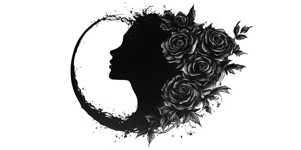 Gothic Woman Moon Wall Decal, Floral Female Silhouette Wall Sticker, Dark Feminine Celestial Wall Art, Black Rose Wall Decal