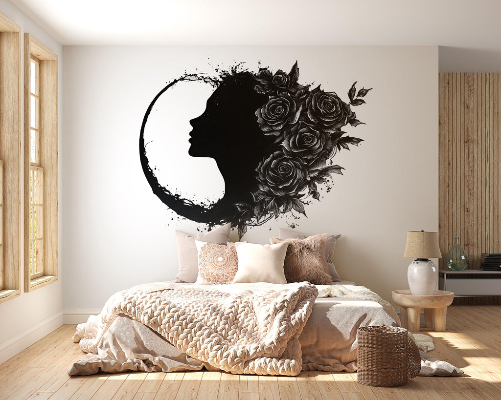 Gothic Woman Moon Wall Decal, Floral Female Silhouette Wall Sticker, Dark Feminine Celestial Wall Art, Black Rose Wall Decal