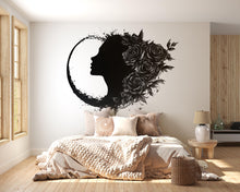 Load image into Gallery viewer, Gothic Woman Moon Wall Decal, Floral Female Silhouette Wall Sticker, Dark Feminine Celestial Wall Art, Black Rose Wall Decal