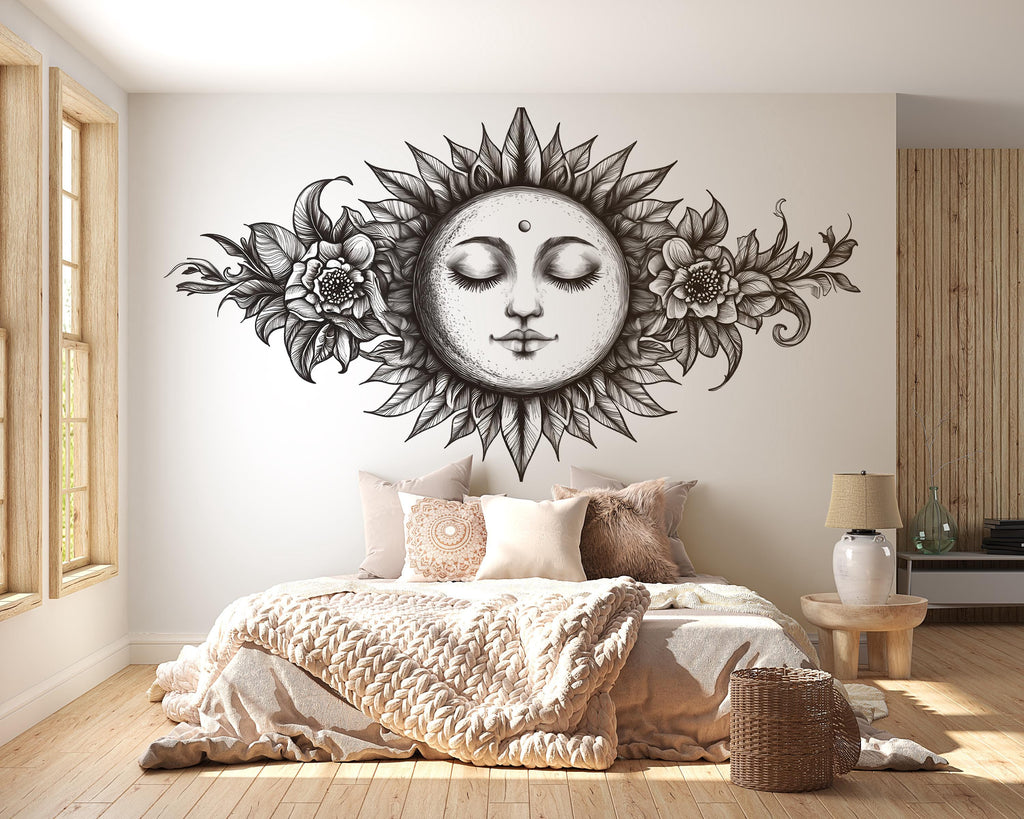 Celestial Moon Floral Mandala Wall Decal Boho Bedroom Wall Art Astrology Moon Face Peel And Stick Wall Sticker