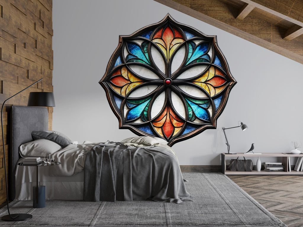Stained Glass Mandala Wall Decal, Gothic Mandala Wall Sticker, Sacred Geometry Wall Art, Boho Gothic Wall Decor, Peel And Stick Decal
