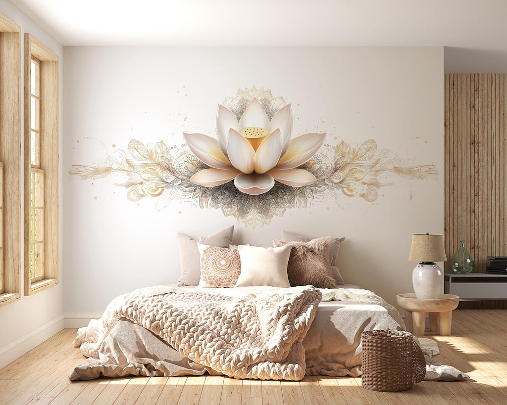 Elegant Lotus Flower Wall Decal Gold Lotus Wall Art Peel And Stick Boho Floral Wall Sticker Bedroom Meditation Decor