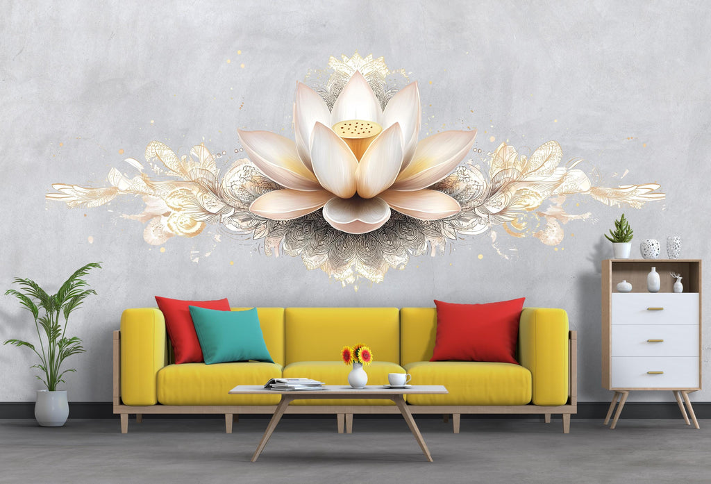 Elegant Lotus Flower Wall Decal Gold Lotus Wall Art Peel And Stick Boho Floral Wall Sticker Bedroom Meditation Decor