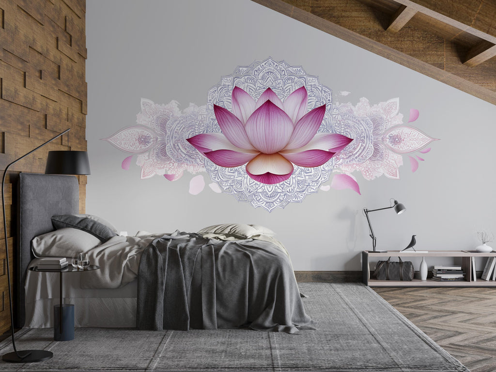 Pink Lotus Mandala Wall Decal Peel And Stick Lotus Flower Wall Art Bedroom Meditation Yoga Wall Decor