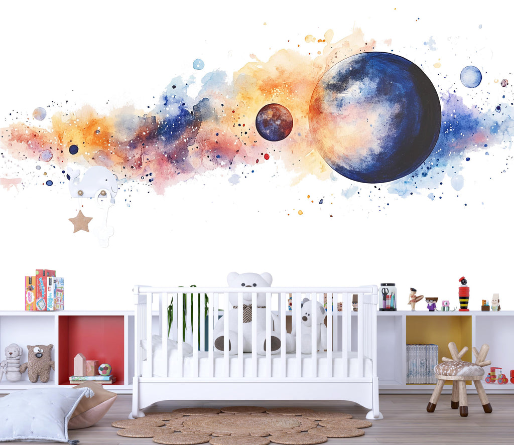 Watercolor Space Wall Art, Planet Nursery Decor, Galaxy Kids Room Art, Modern Space Wall Mural 152mv