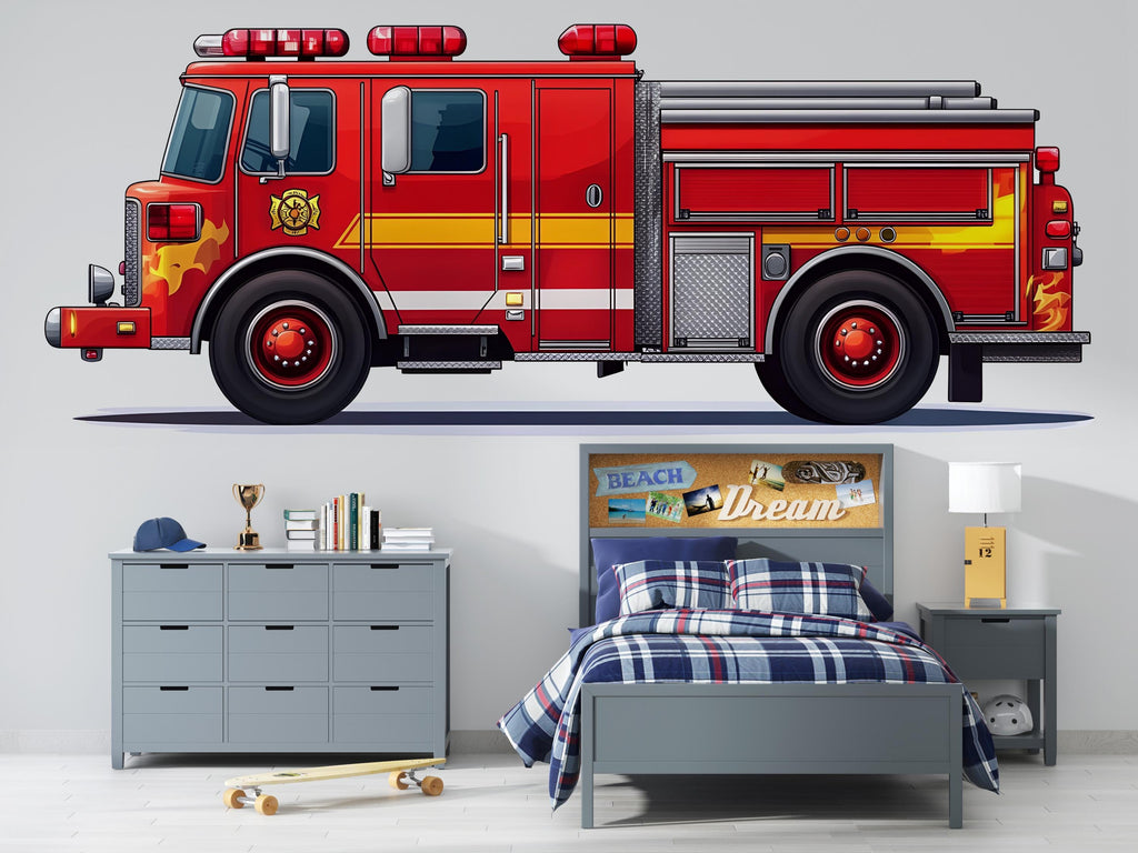 Fire Truck Wall Art for Kids Room, Firefighter Nursery Decor, Red Fire Engine Wall Mural 178mv