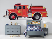 Load image into Gallery viewer, Fire Truck Wall Art, Firefighter Kids Room Decor, Red Fire Engine Wall Mural 179mv