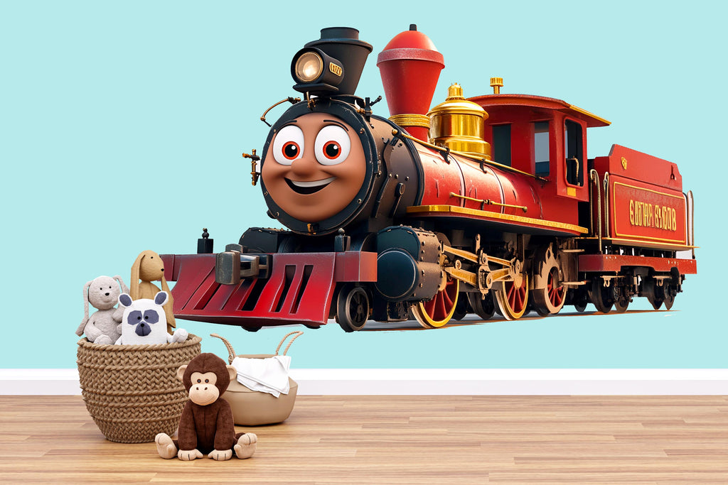 Cute Red Train Wall Decal for Kids Room, Smiling Steam Train Nursery Decor, Cartoon Train Wall Sticker, Playroom Art 190mv