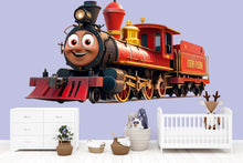 Load image into Gallery viewer, Cute Red Train Wall Decal for Kids Room, Smiling Steam Train Nursery Decor, Cartoon Train Wall Sticker, Playroom Art 190mv