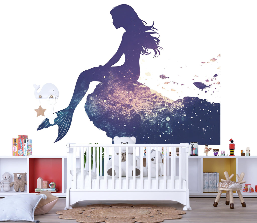 Celestial Mermaid Wall Decal for Nursery, Mermaid Silhouette Wall Art, Ocean Nursery Decor, Girls Room Wall Sticker 208mv
