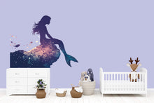 Load image into Gallery viewer, Celestial Mermaid Wall Decal for Nursery, Mermaid Silhouette Wall Art, Ocean Nursery Decor, Girls Room Wall Sticker 208mv