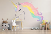Load image into Gallery viewer, Unicorn Wall Mural, Rainbow Mane Unicorn, Nursery Wall Decor, Kids Room Art 217mv