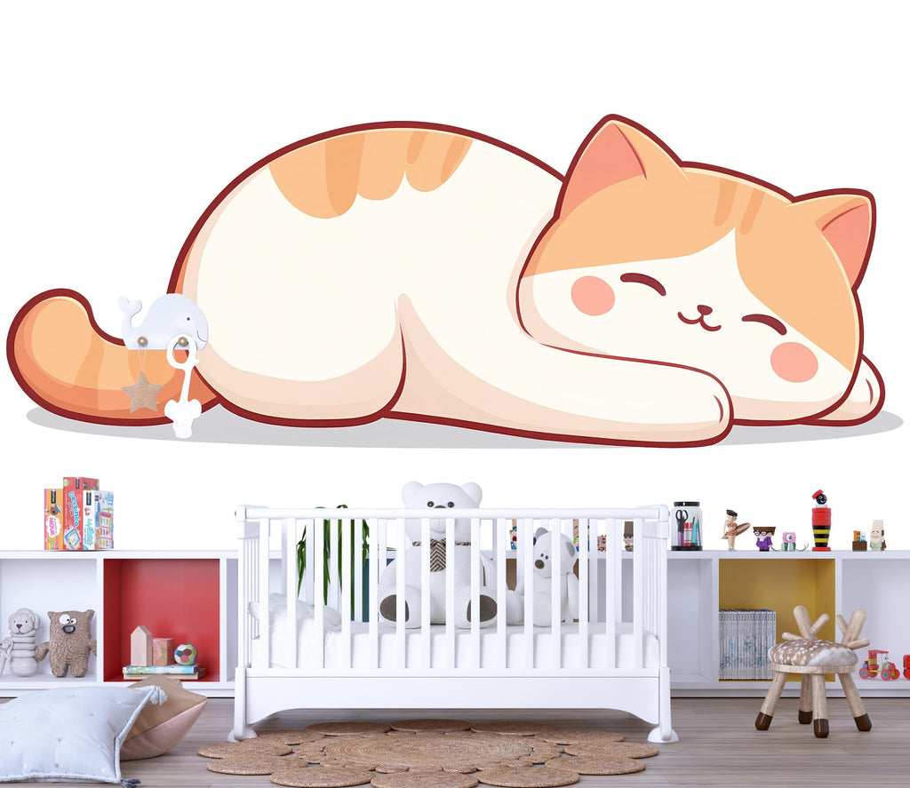 Sleeping Cat Wall Decal Nursery Cat Wall Art Baby Room Decor Cute Cat Sticker Kids Room Animal Mural 225mv