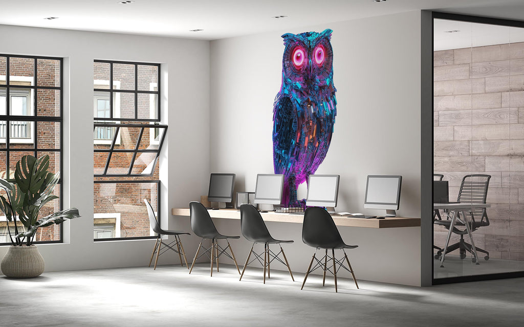 Cyber Owl Wall Decal, Futuristic Owl Wall Art Sticker, Neon Owl Wall Decor, Robotic Animal Wall Art, Modern Statement Wall Decal