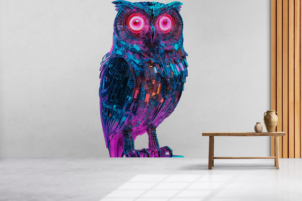 Cyber Owl Wall Decal, Futuristic Owl Wall Art Sticker, Neon Owl Wall Decor, Robotic Animal Wall Art, Modern Statement Wall Decal