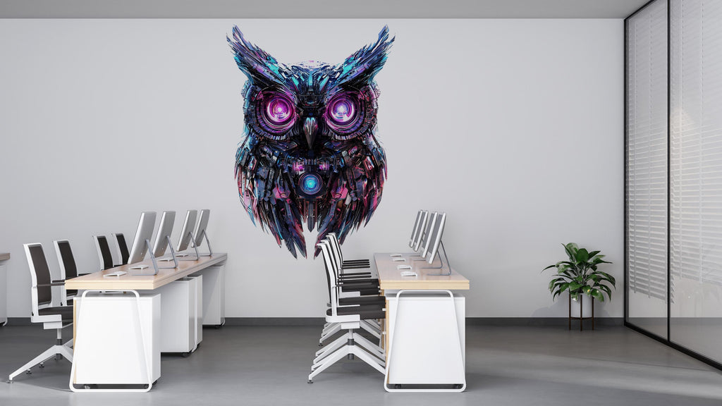 Cyber Owl Wall Decal, Futuristic Owl Wall Art Sticker, Neon Owl Wall Decor, Robotic Animal Wall Art, Modern Office Statement Wall