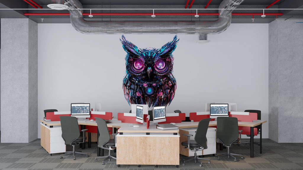 Cyber Owl Wall Decal, Futuristic Owl Wall Art Sticker, Neon Owl Wall Decor, Robotic Animal Wall Art, Modern Office Statement Wall