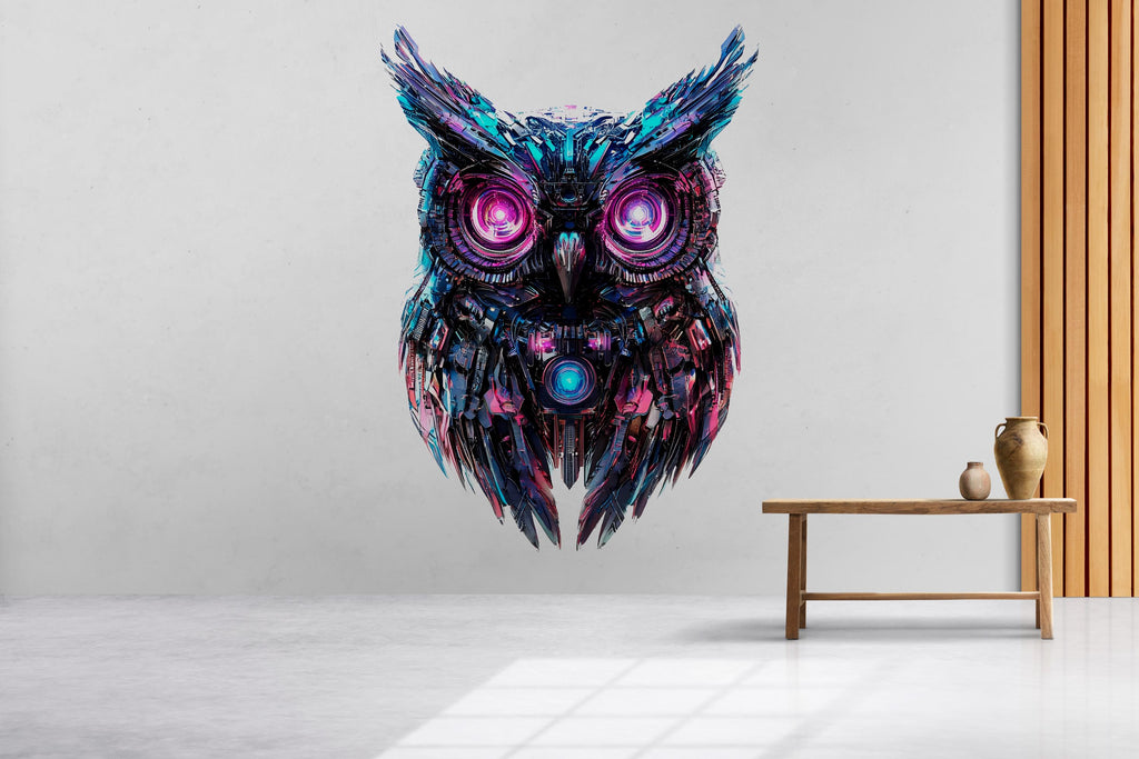 Cyber Owl Wall Decal, Futuristic Owl Wall Art Sticker, Neon Owl Wall Decor, Robotic Animal Wall Art, Modern Office Statement Wall