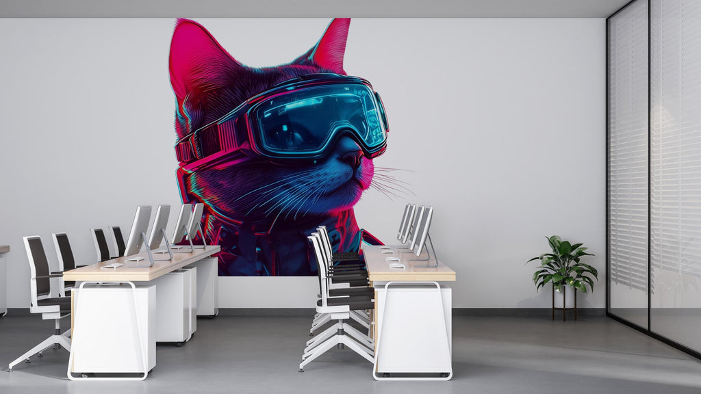 Cyber Cat Wall Decal, Futuristic Cat Wall Art Sticker, Neon Cat Wall Decor, Tech Animal Wall Art, Modern Statement Wall Decal