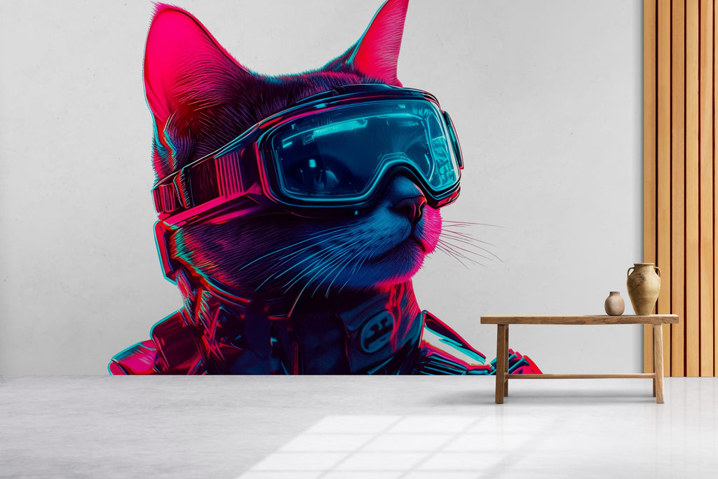 Cyber Cat Wall Decal, Futuristic Cat Wall Art Sticker, Neon Cat Wall Decor, Tech Animal Wall Art, Modern Statement Wall Decal