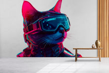 Load image into Gallery viewer, Cyber Cat Wall Decal, Futuristic Cat Wall Art Sticker, Neon Cat Wall Decor, Tech Animal Wall Art, Modern Statement Wall Decal