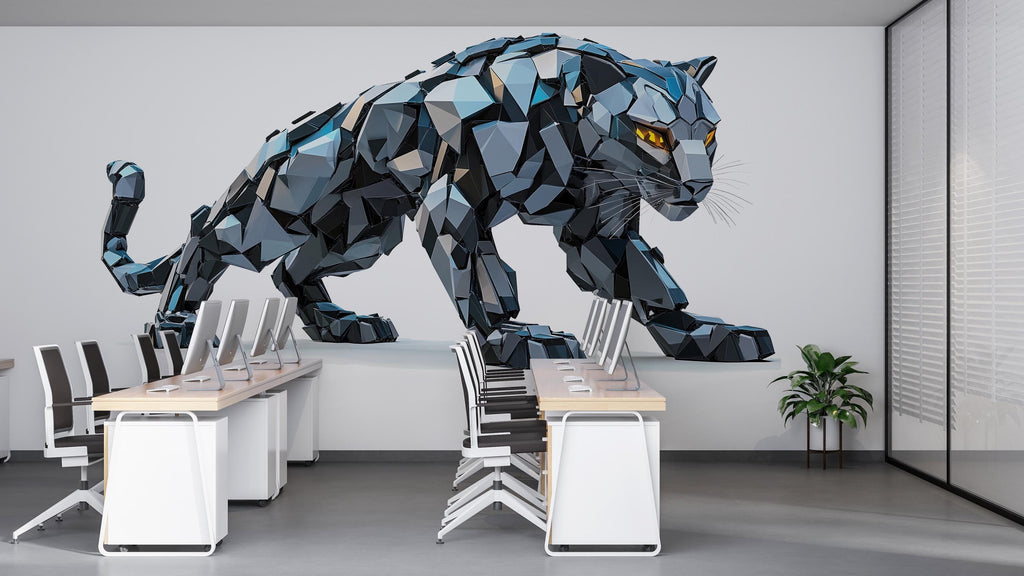 Blue Geometric Panther Wall Decal, Modern Panther Wall Art Sticker, Abstract Big Cat Wall Decor, Polygon Animal Wall Art, Office Statement