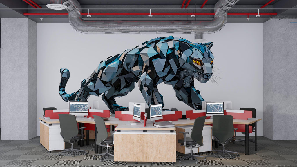Blue Geometric Panther Wall Decal, Modern Panther Wall Art Sticker, Abstract Big Cat Wall Decor, Polygon Animal Wall Art, Office Statement