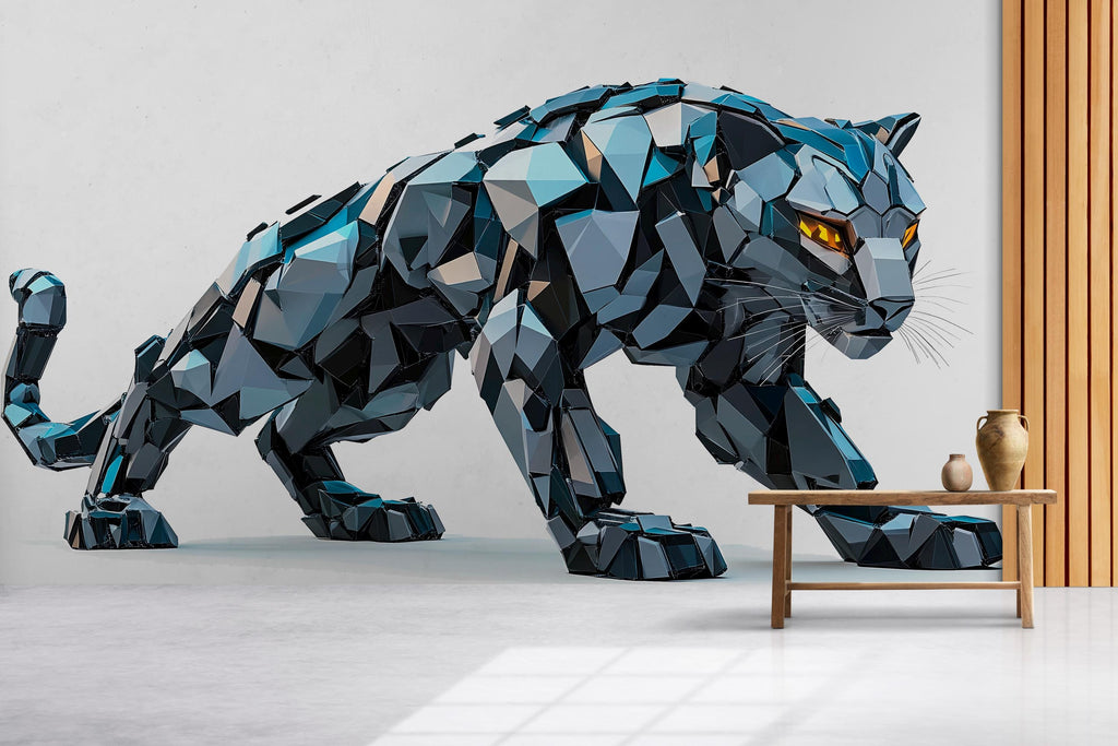 Blue Geometric Panther Wall Decal, Modern Panther Wall Art Sticker, Abstract Big Cat Wall Decor, Polygon Animal Wall Art, Office Statement