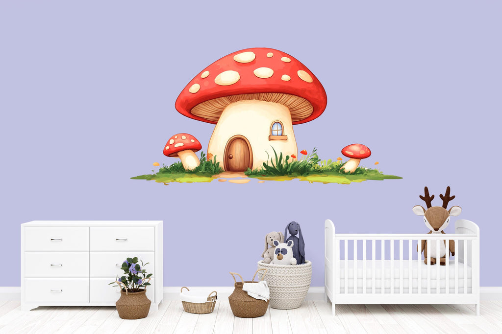 Mushroom House Nursery Wall Decal, Fairy Cottage Wall Art, Woodland Nursery Decor, Cute Mushroom Wall Sticker, Kids Room Decor 231mv