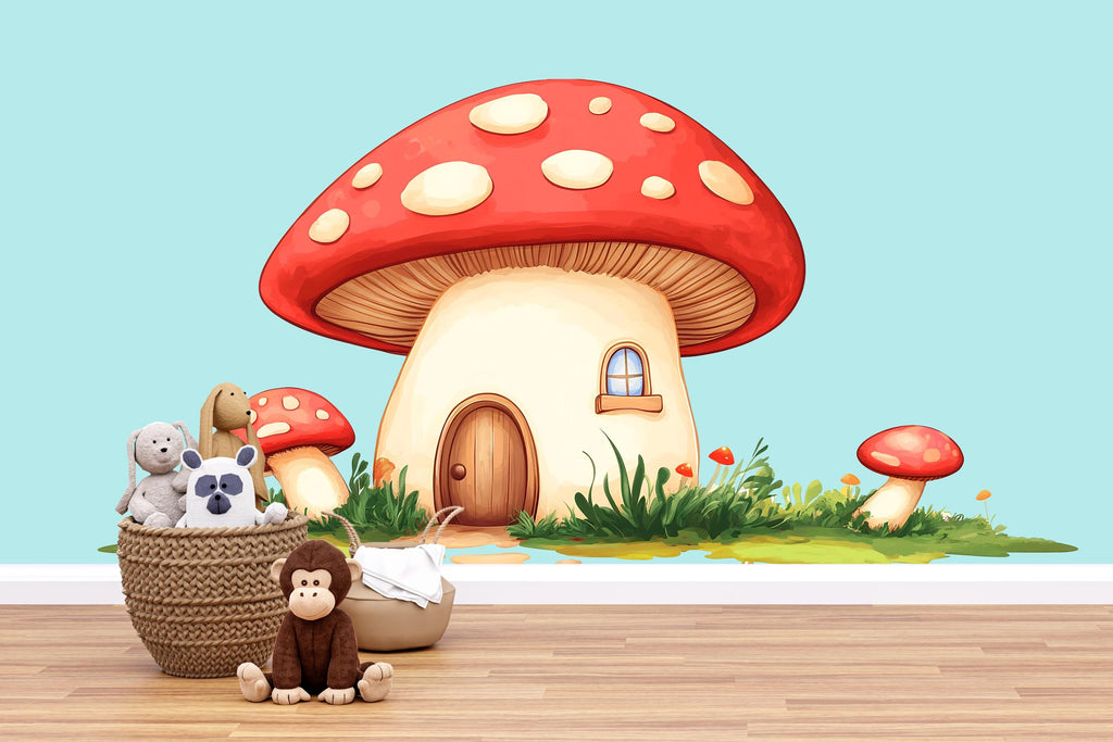 Mushroom House Nursery Wall Decal, Fairy Cottage Wall Art, Woodland Nursery Decor, Cute Mushroom Wall Sticker, Kids Room Decor 231mv