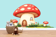 Load image into Gallery viewer, Mushroom House Nursery Wall Decal, Fairy Cottage Wall Art, Woodland Nursery Decor, Cute Mushroom Wall Sticker, Kids Room Decor 231mv