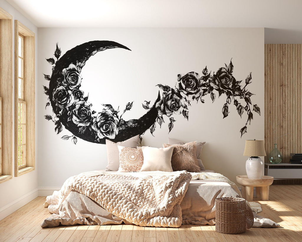 Floral Moon Wall Art, Gothic Rose Moon Decal, Black Flower Wall Decor, Dark Boho Wall Art, Celestial Wall Sticker 234mv