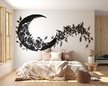 Load image into Gallery viewer, Floral Moon Wall Art, Gothic Rose Moon Decal, Black Flower Wall Decor, Dark Boho Wall Art, Celestial Wall Sticker 234mv