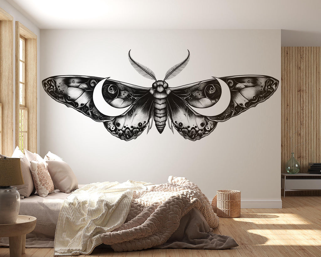 Lunar Moth Wall Art, Moon Moth Wall Decal, Gothic Insect Wall Decor, Witchy Celestial Wall Art, Dark Minimal Decor 239mv